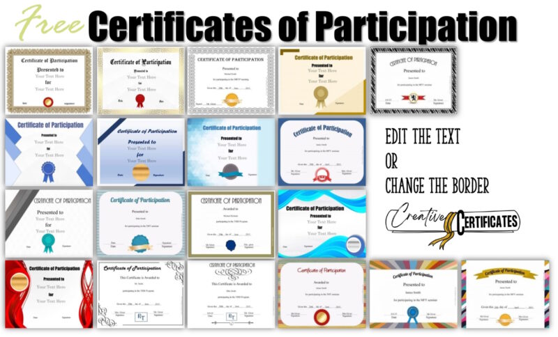 A sample of the certificates of participation that you can create on this site.