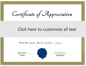 award certificate template with a gold border and a blue wax seal