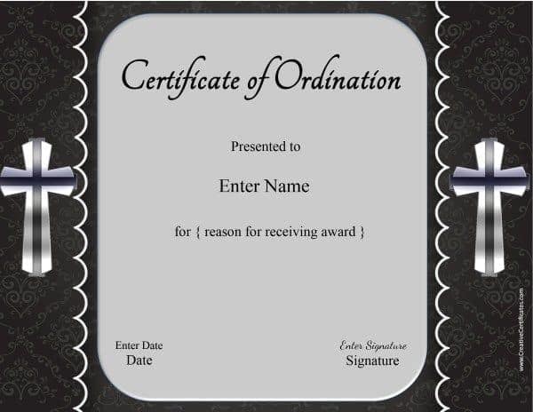 Pastor ordination certificate