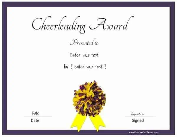 Cheerleading certificate in purple and yellow