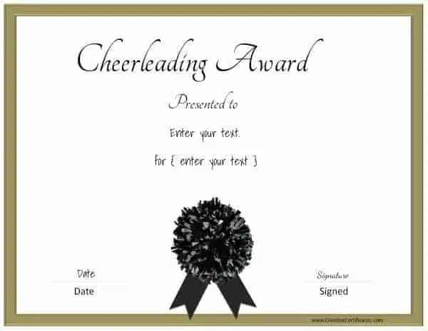 Cheerleading certificates with a gold border and a black pom pom