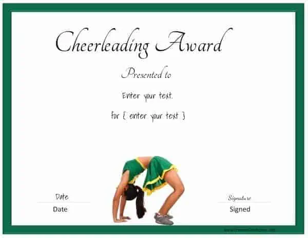 Cheerleading certificate with a picture of a cheerleader