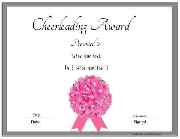 Pink cheerleading certificate with a grey border and a pink pom pom