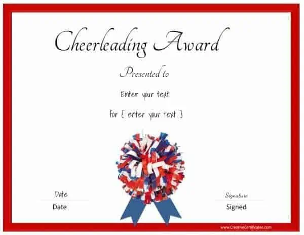 Cheerleading certificate in red, blue and white