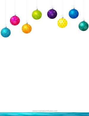 Christmas clipart border with hanging Christmas ornaments in eight different colors.