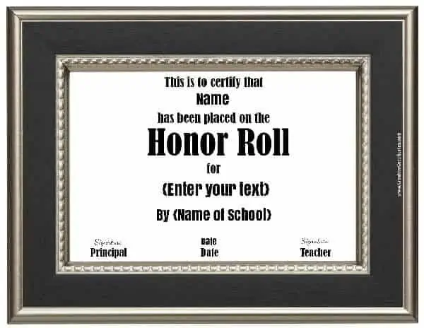 School certificate with a black and silver frame