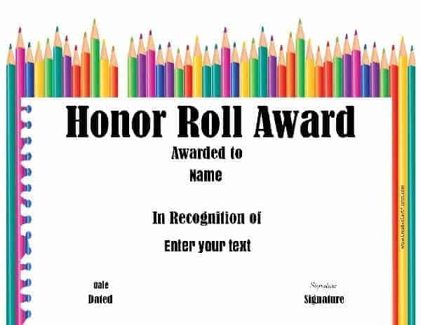 honor roll certificate with a line of color pens in the background