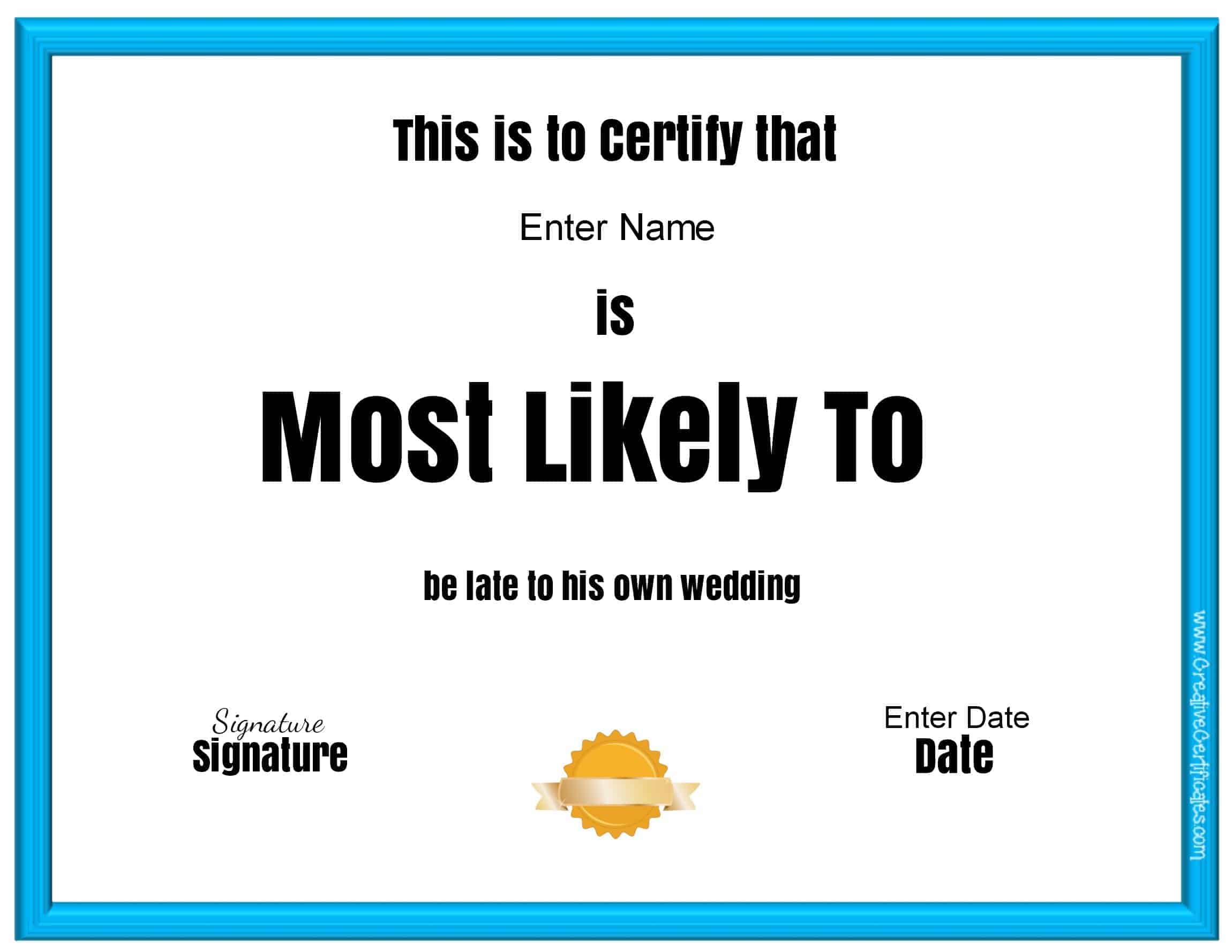 Most Likely To Certificate Template Card Template