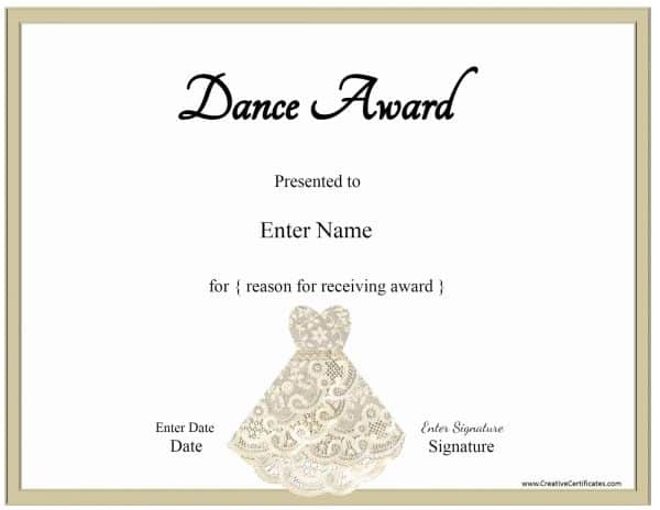 ballet certificate with a picture of a lace dress