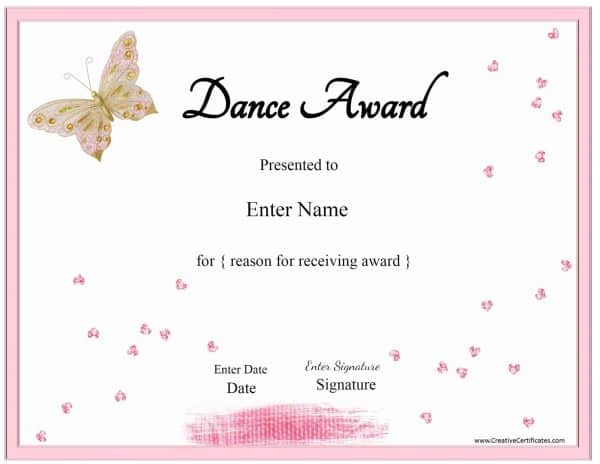 dance awards with a pink frame and a pink and gold butterfly