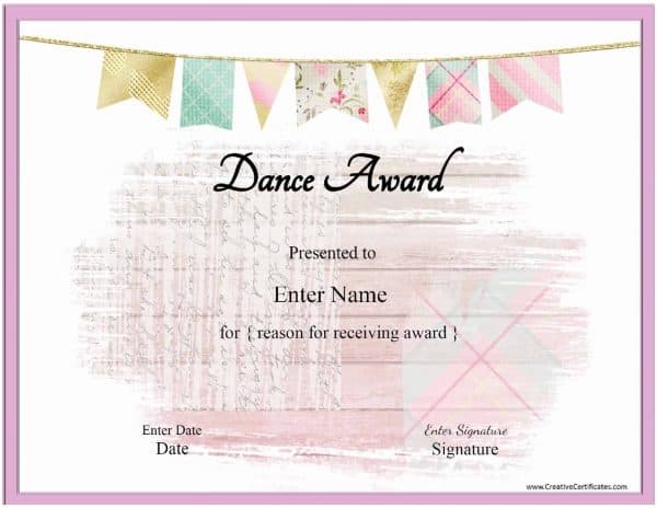 Dance certificate template with a pink banenr and a pink frame