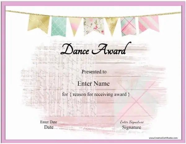 Dance certificate template with a pink banenr and a pink frame