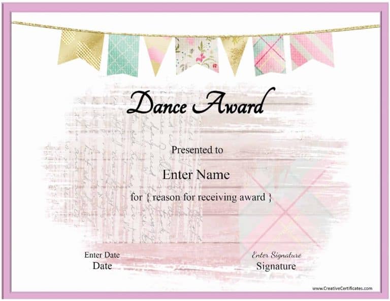 Dance award with a pink banner and a pink frame