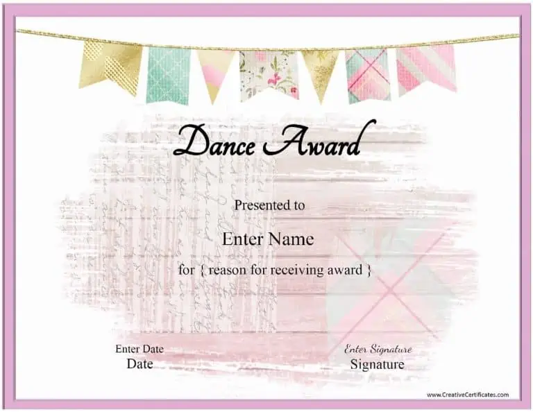 Dance award with a pink banner and a pink frame