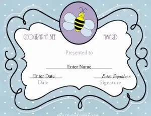 light blue certificate with a cute picture of a bee