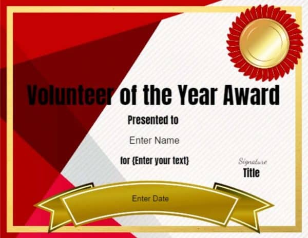 volunteer of the year certificate template