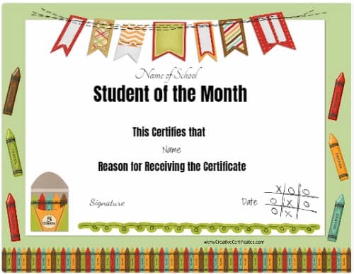 school certificate with crayons and a colored banner