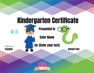 Pretty kindergarten certificate with a picture of a kid graduating. The kid can be changed. You can also add a photo.