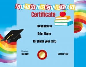 Background with a colorful rainbow, books and a graduation cap for kindergarten graduation