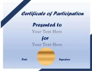 Certificate of participation with a blue background and a blue ribbon on the top left corner