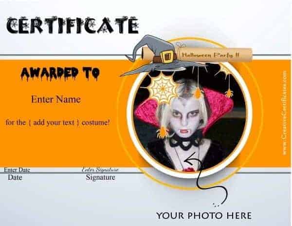 Halloween costume award certificate