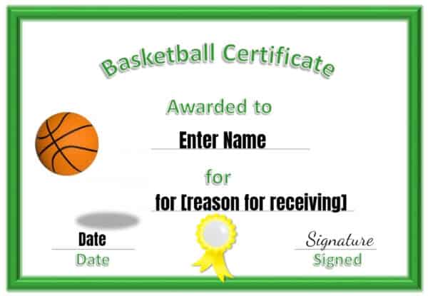 basketball award with a green border and a yellow ribbon