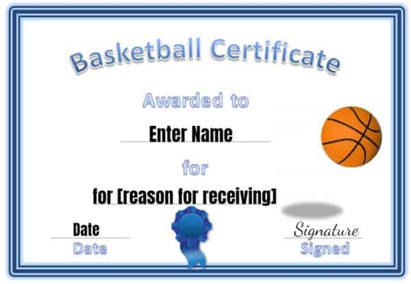 basketball award certificate with a blue border, a blue ribbon and an image of a basketball