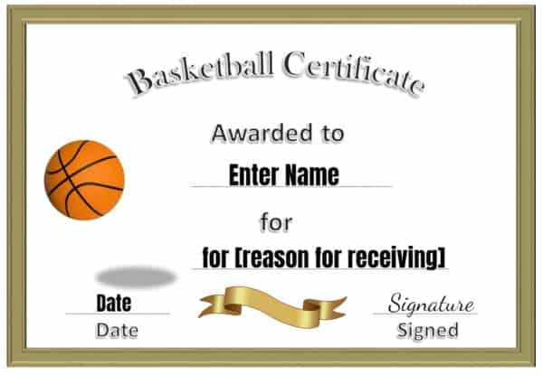 basketball certificate with a gold border and a picture of a basketball bouncing