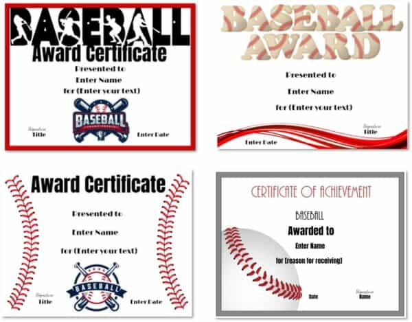 Baseball award certificates
