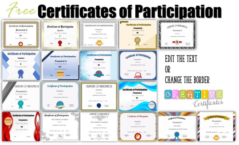 A sample of the certificates of participation that you can create on this site.